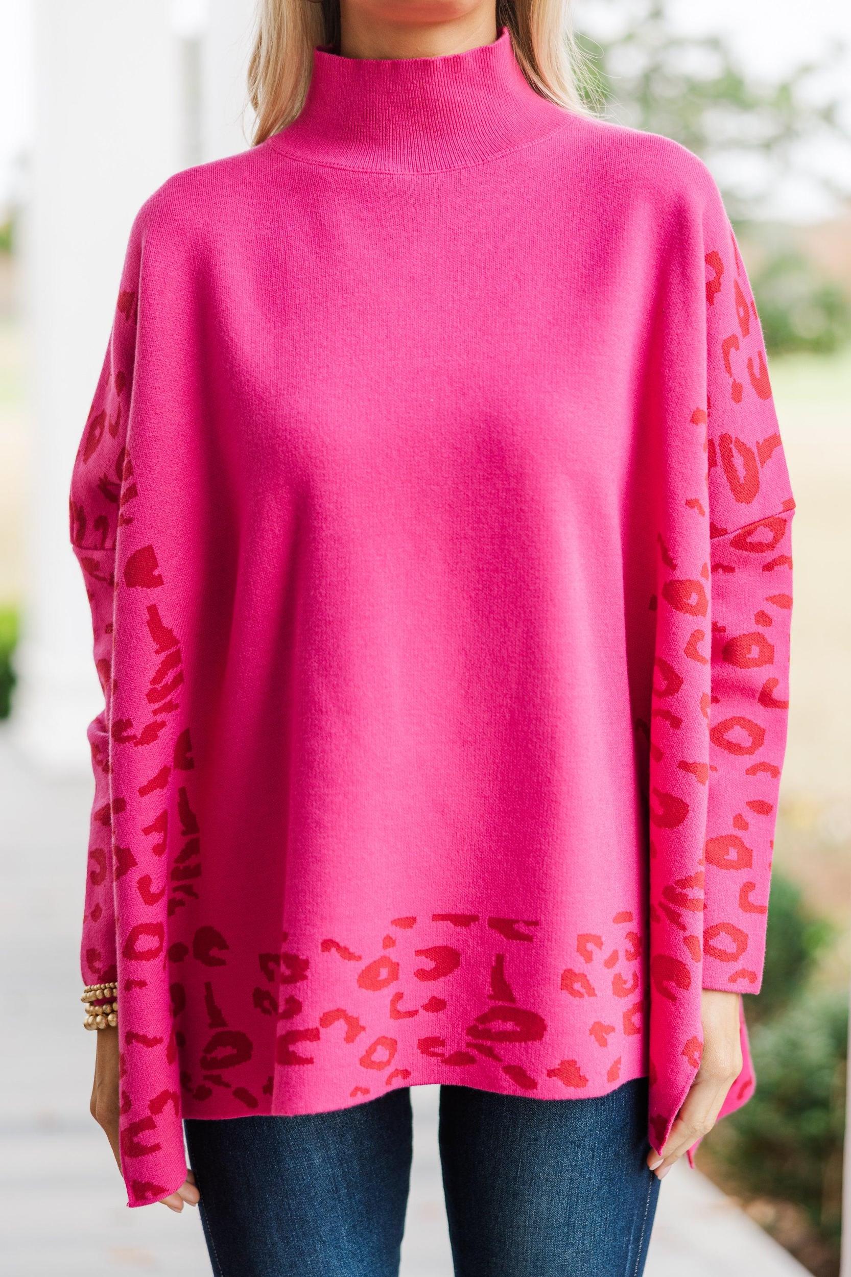 All In Theory Fuchsia Pink Leopard Sweater Tunic Female Product Image