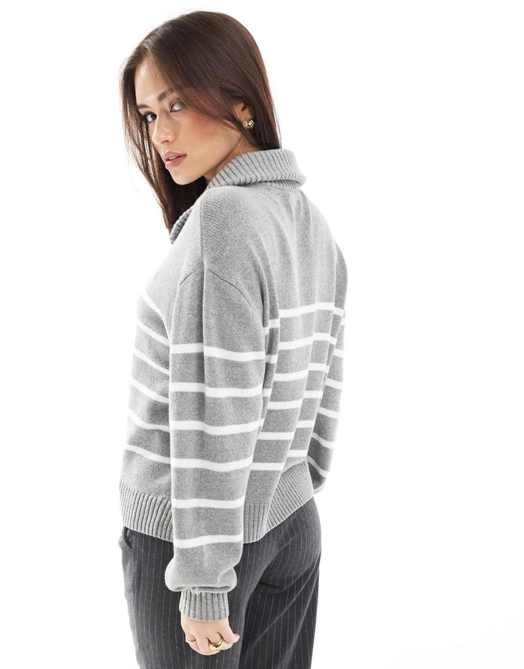 Hollister half zip knitted stripe sweater in gray Product Image