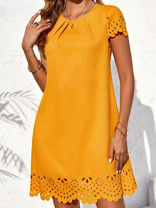 Loose Short Sleeves Hollow Pleated Solid Color Split-Joint Round-Neck Mini Dresses Product Image
