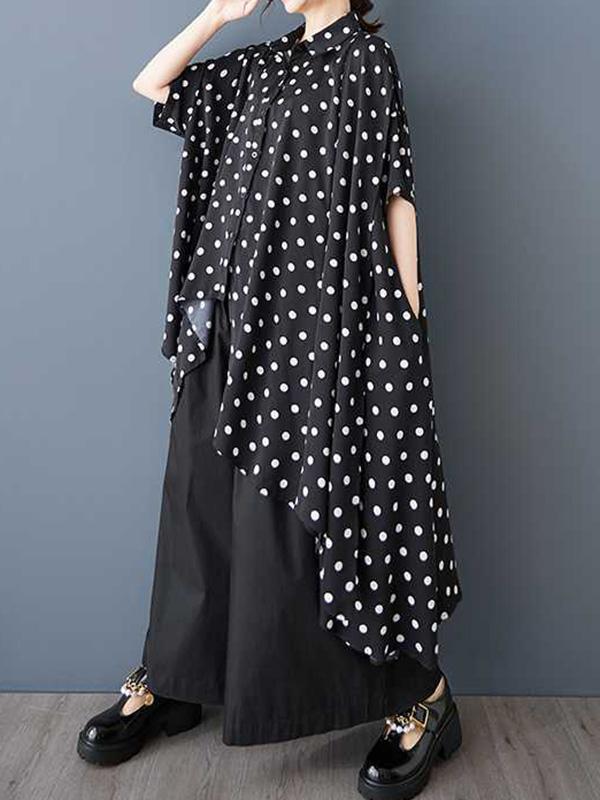A-Line High-Low Asymmetric Buttoned Polka-Dot Lapel Midi Dresses Shirt Dress Product Image