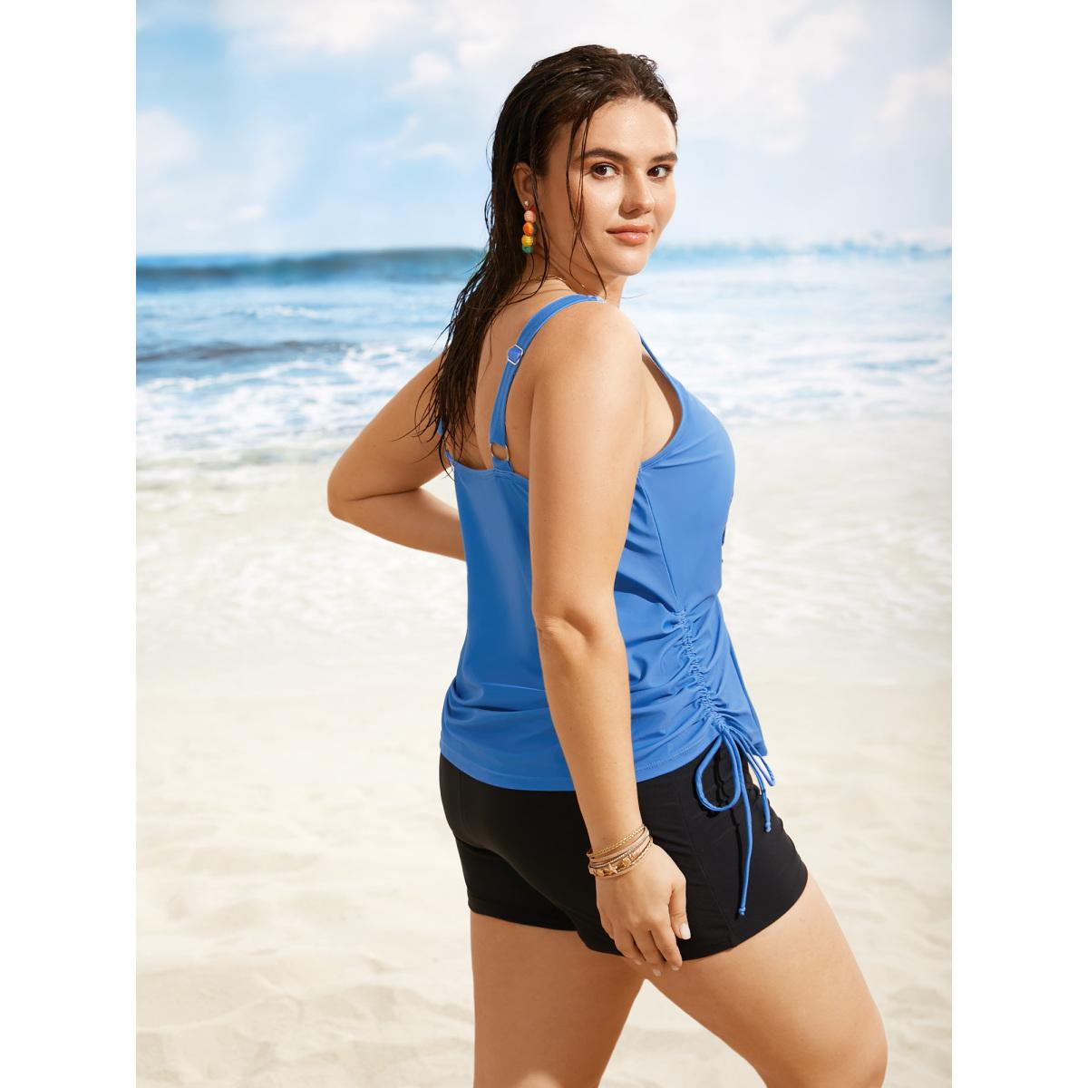 Plus Size Island Print Drawstring Adjustable Swim Top Women's Swimwear Skyblue Resort Contrast High stretch Loose U-neck Curve Swim Tops BloomChic 30/6X Product Image