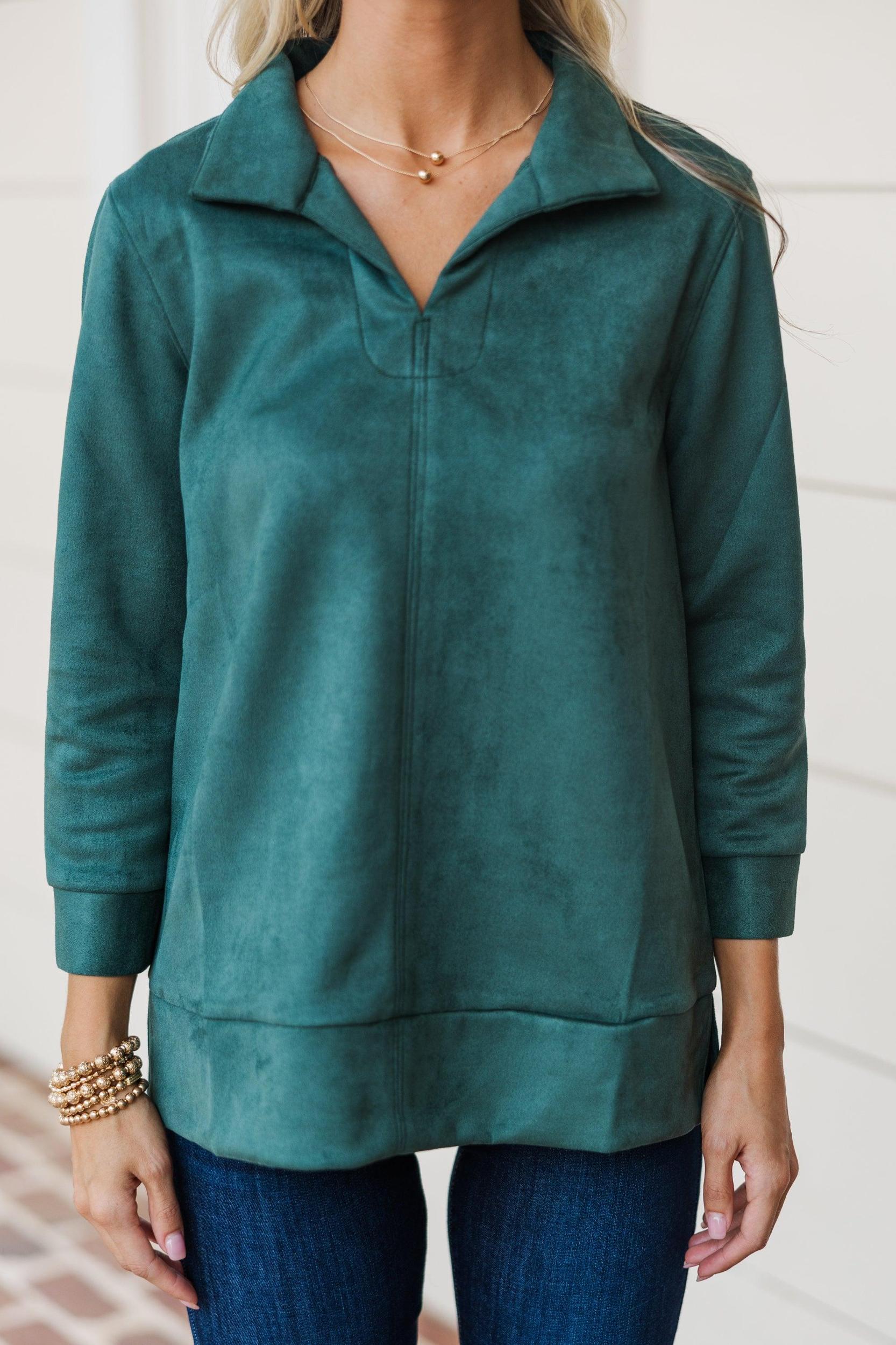 Never Forget Emerald Green Faux Suede Blouse Female Product Image
