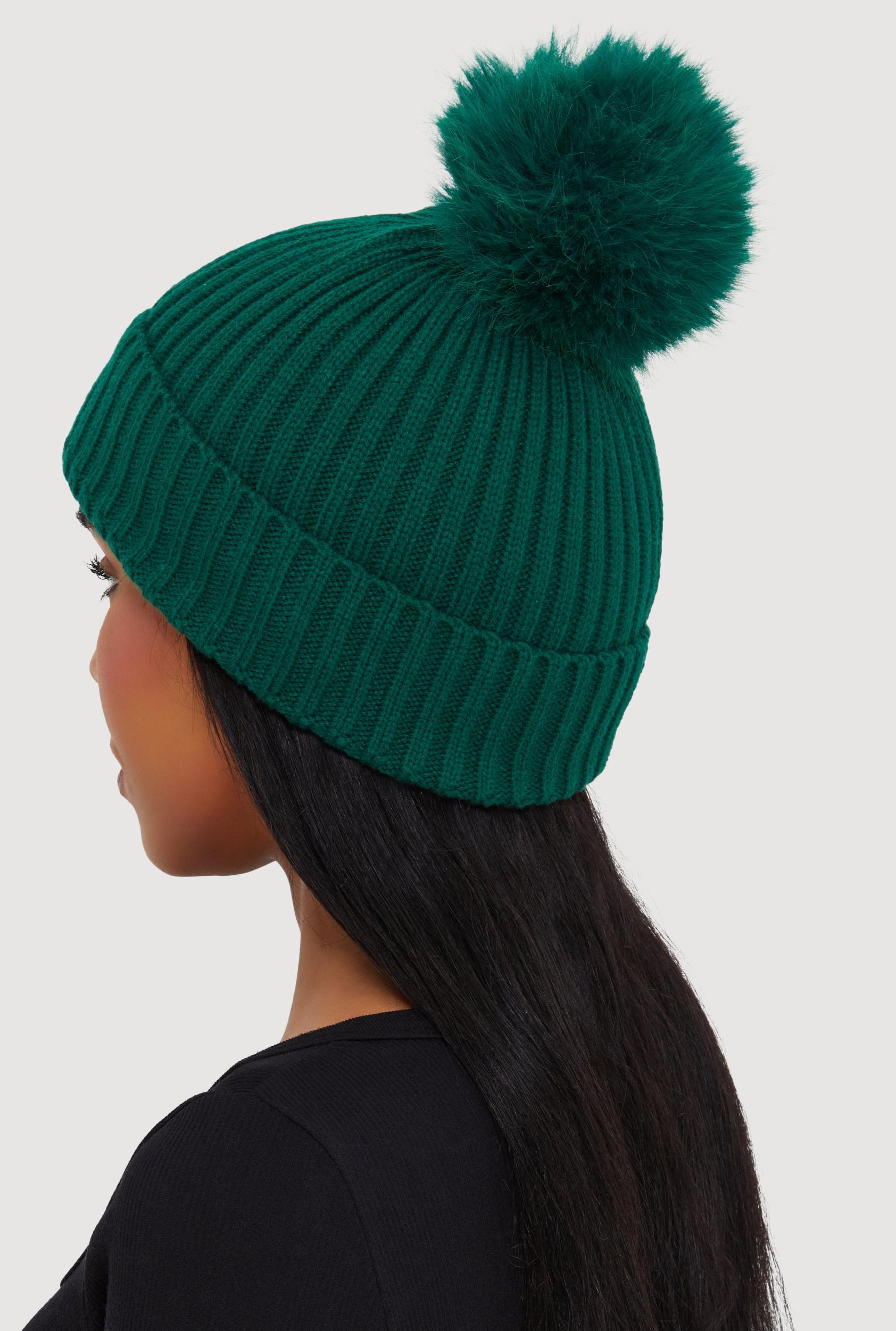 Trendy Faux Fur Pom Pom Detail Ribbed Knit Beanie Female Product Image