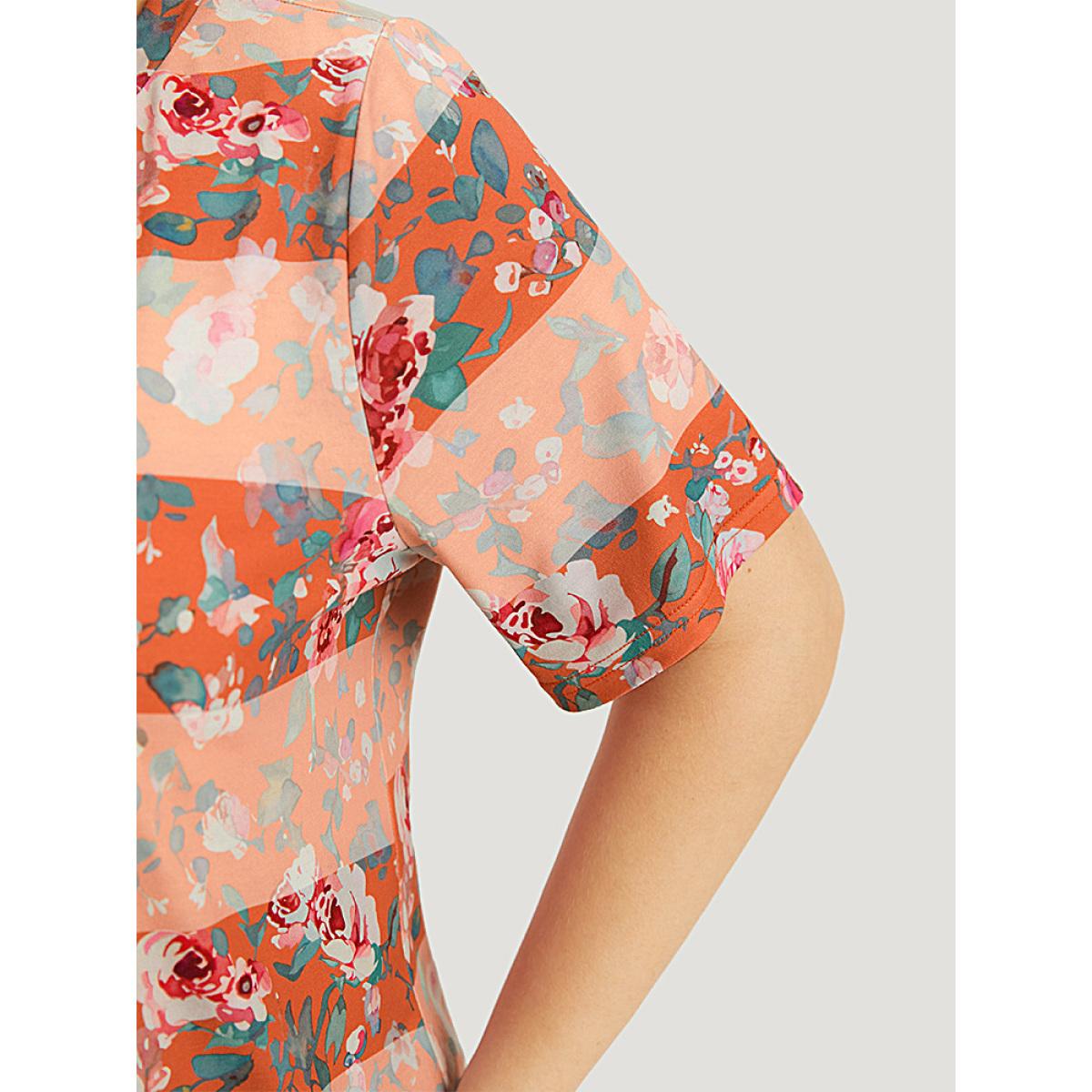 Plus Size Halloween Floral Print Striped Crew Neck T-shirt Multicolor Women Casual Printed Plants Round Neck Festival-Halloween T-shirts BloomChic 22-24/3X Product Image