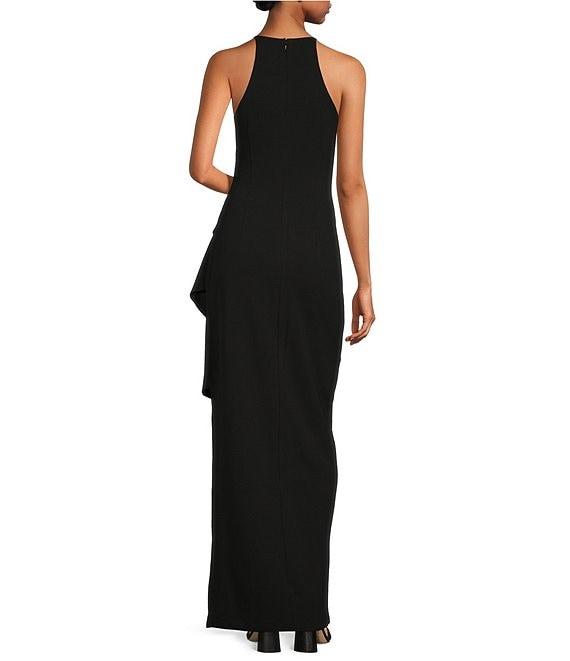 Belle by Badgley Mischka Cara Halter Neck Sleeveless Stretch Crepe Ruched Side Slit Sheath Gown Product Image