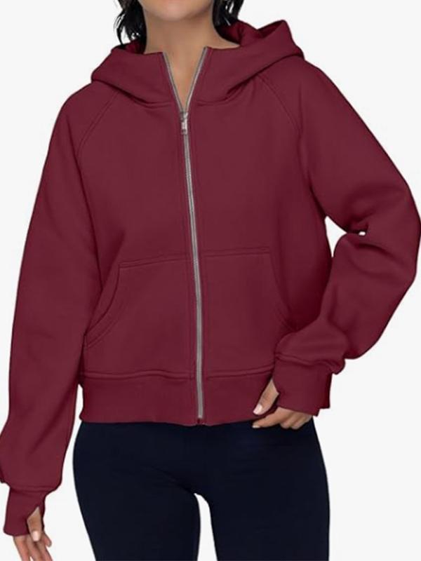 Hooded Long Sleeves Pockets Solid Color Zipper Jackets Outerwear Product Image