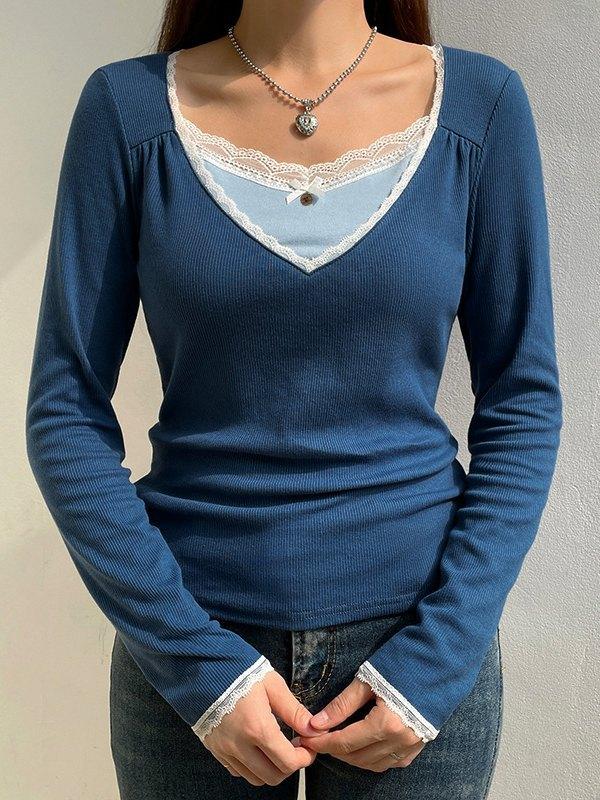 Lace Trim Patchwork Long Sleeve Knit Top Product Image