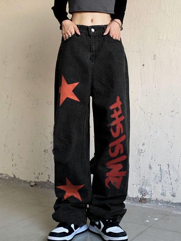 Contrast Color Print High Waist Boyfriend Jeans Product Image