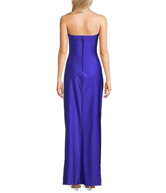Pear Culture Stretch Satin Strapless Sweetheart Neck Point Wrap Side Slit Dress Product Image