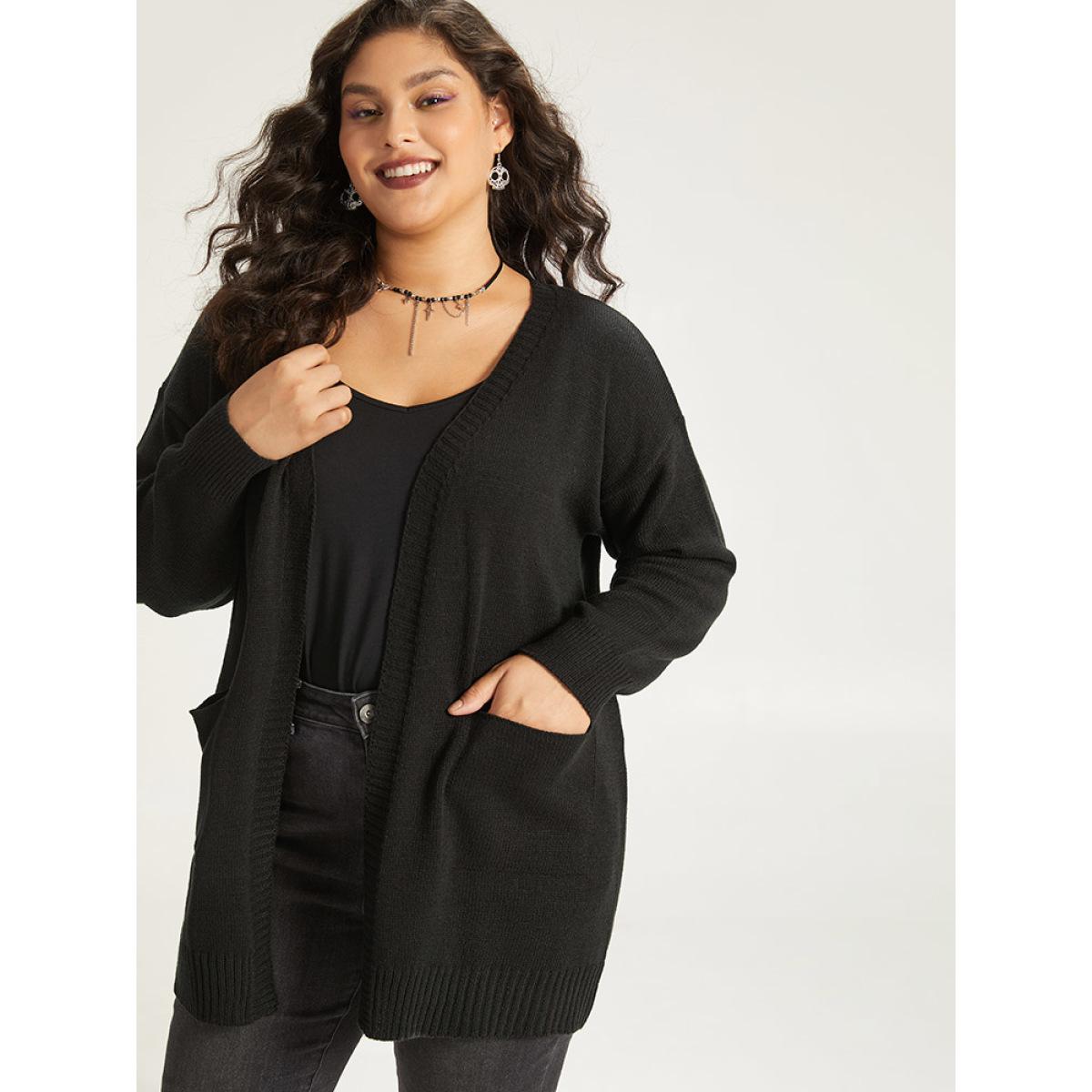 Plus Size Halloween Skull Print Contrast Patched Pocket Cardigan Black Women Casual Loose Long Sleeve Festival-Halloween Cardigans BloomChic 26/4X Product Image