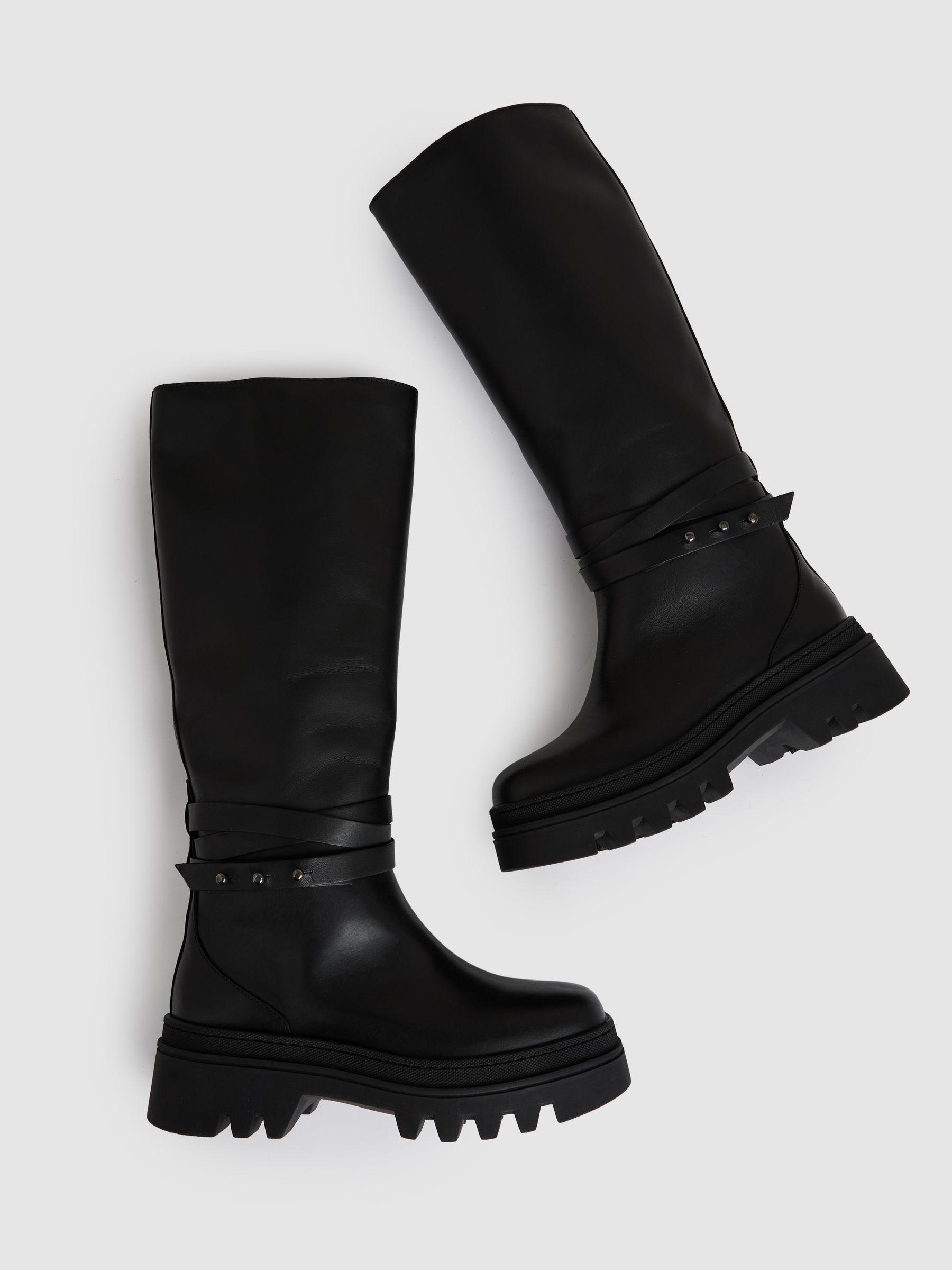 Leather Chunky Flat Knee-High Boots in Black Product Image