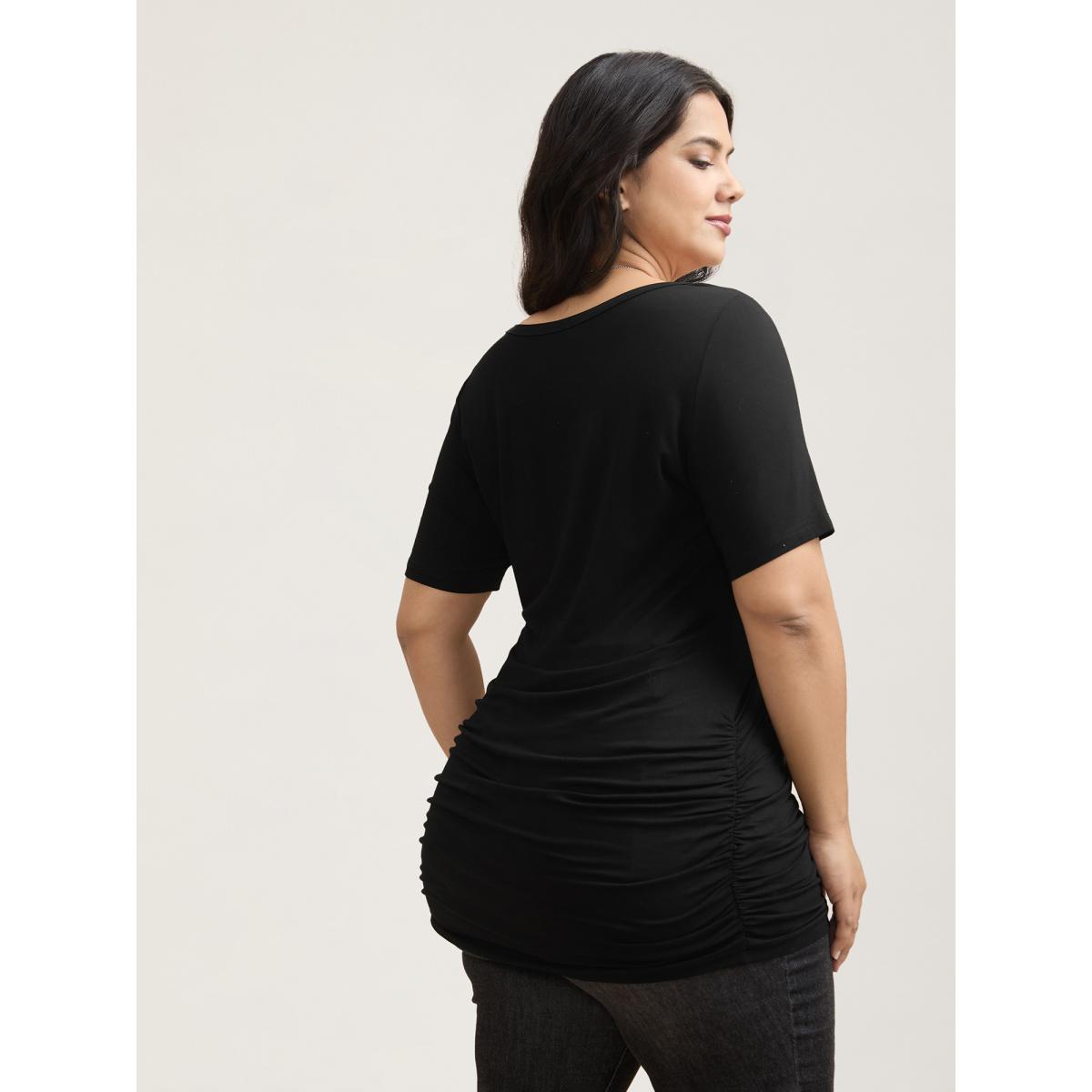 Plus Size Stretchy Ruched Fitted Long T-Shirt Black Women Casual Gathered Round Neck Bodycon Everyday T-shirts BloomChic 18-20/2X Product Image