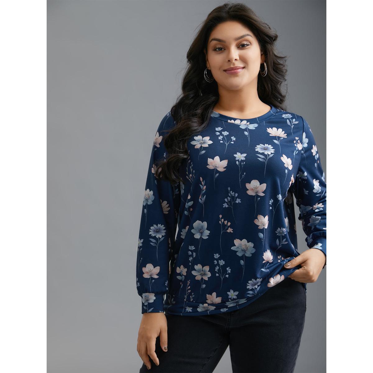 Plus Size Crew Neck Floral Print Sweatshirt Women DarkBlue Leisure Contrast Round Neck Casual Sweatshirts BloomChic 10/M Product Image