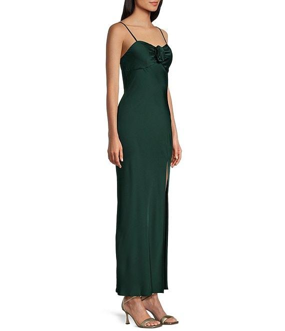 Next Up Satin Sweetheart Neck Front Rosette Side Slit Midi Dress Product Image