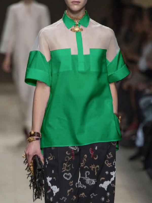 Short Sleeves See-Through Solid Color Split-Joint Lapel Blouses&Shirts Tops Product Image