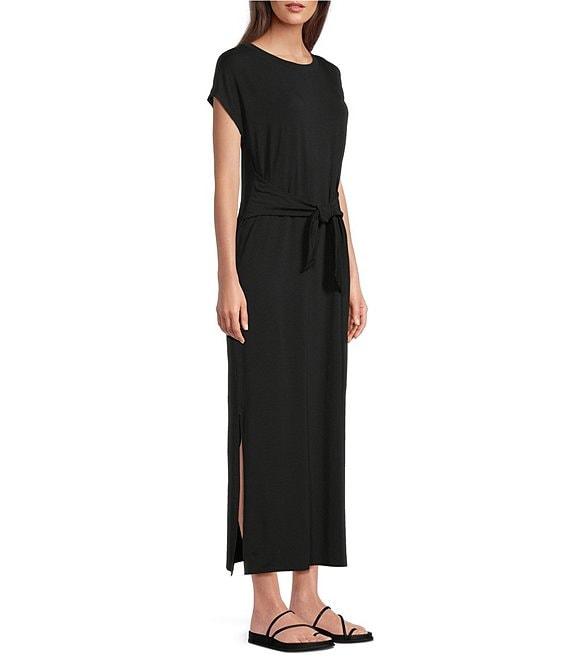 Eileen Fisher Stretch Jersey Knit Crew Neck Cap Sleeve Tie Front Midi Dress Product Image