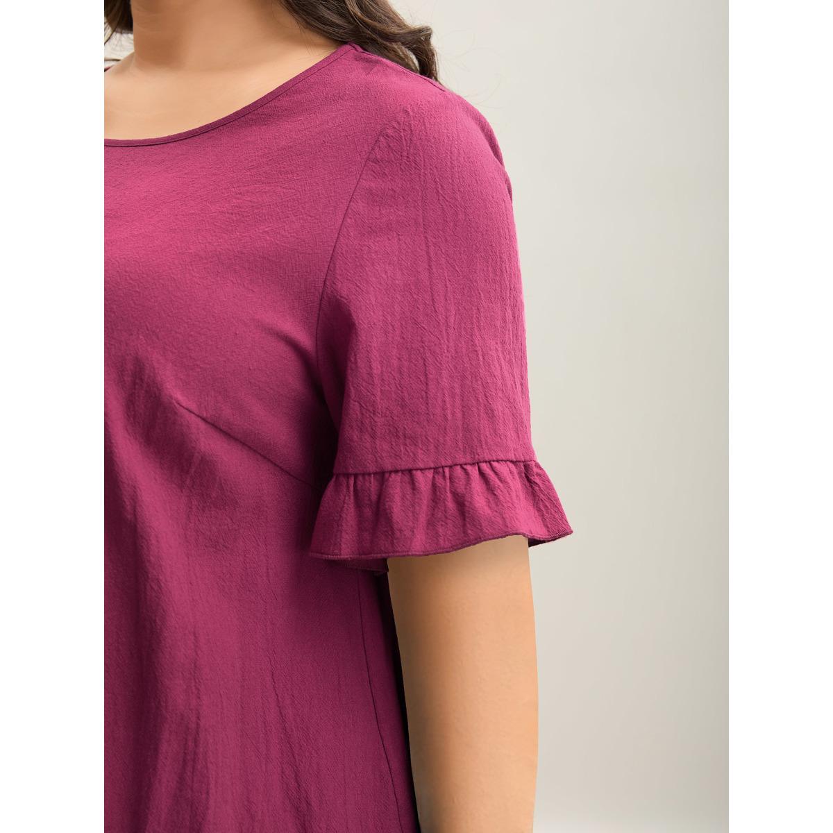 Plus Size RedViolet Pure Cotton Ruffled Curved Hem Blouse Women Leisure Short sleeve Round Neck Casual Blouses BloomChic 14-16/1X Product Image