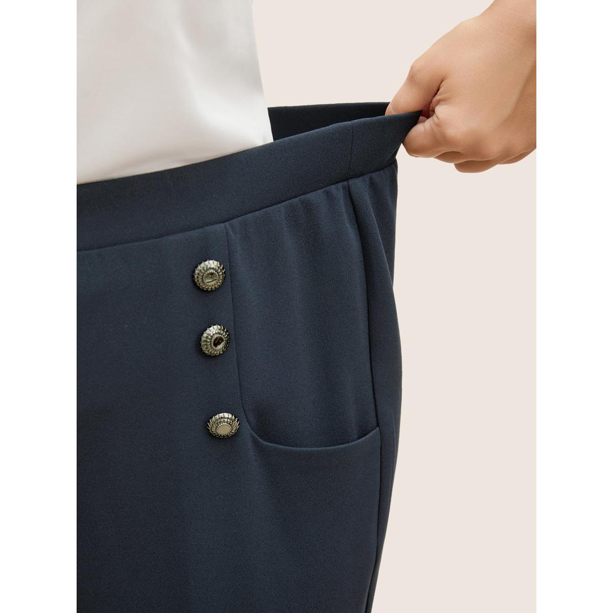 Plus Size Silver-Button Wide-Leg Pants Women Midnight Elegant Wide Leg Mid Rise Everyday Pants BloomChic 28/5X Product Image