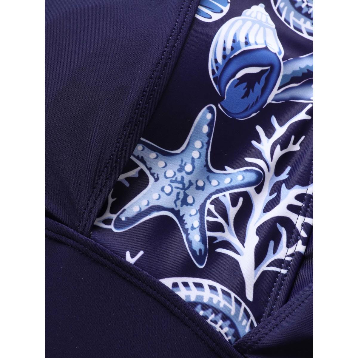 Plus Size Marine Elements Patchwork Tie Knot Swim Top Women's Swimwear Indigo Beach Cross straps High stretch Skinny V-neck Curve Swim Tops BloomChic 26/4X Product Image