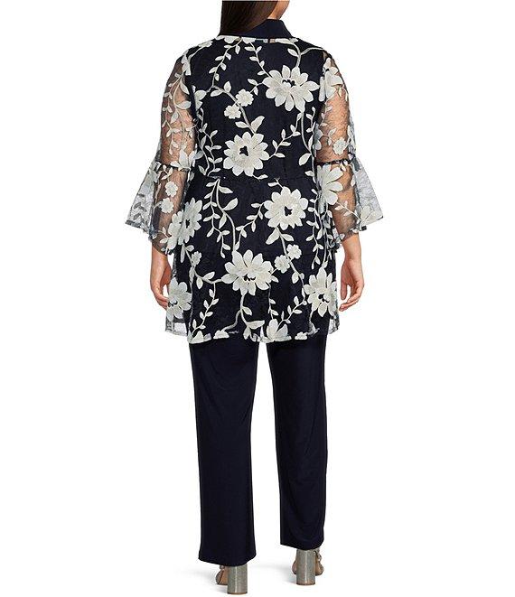 R & M Richards Plus Size 3/4 Bell Sleeve Crew Neck Embroidered Sequin Lace 3-Piece Pant Set Product Image