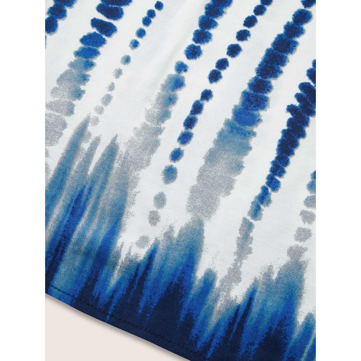 Plus Size DarkBlue Tie Dye Tie Neck Frill Trim Blouse Women Resort Half Sleeve Notched collar Vacation Blouses BloomChic 22-24/3X Product Image