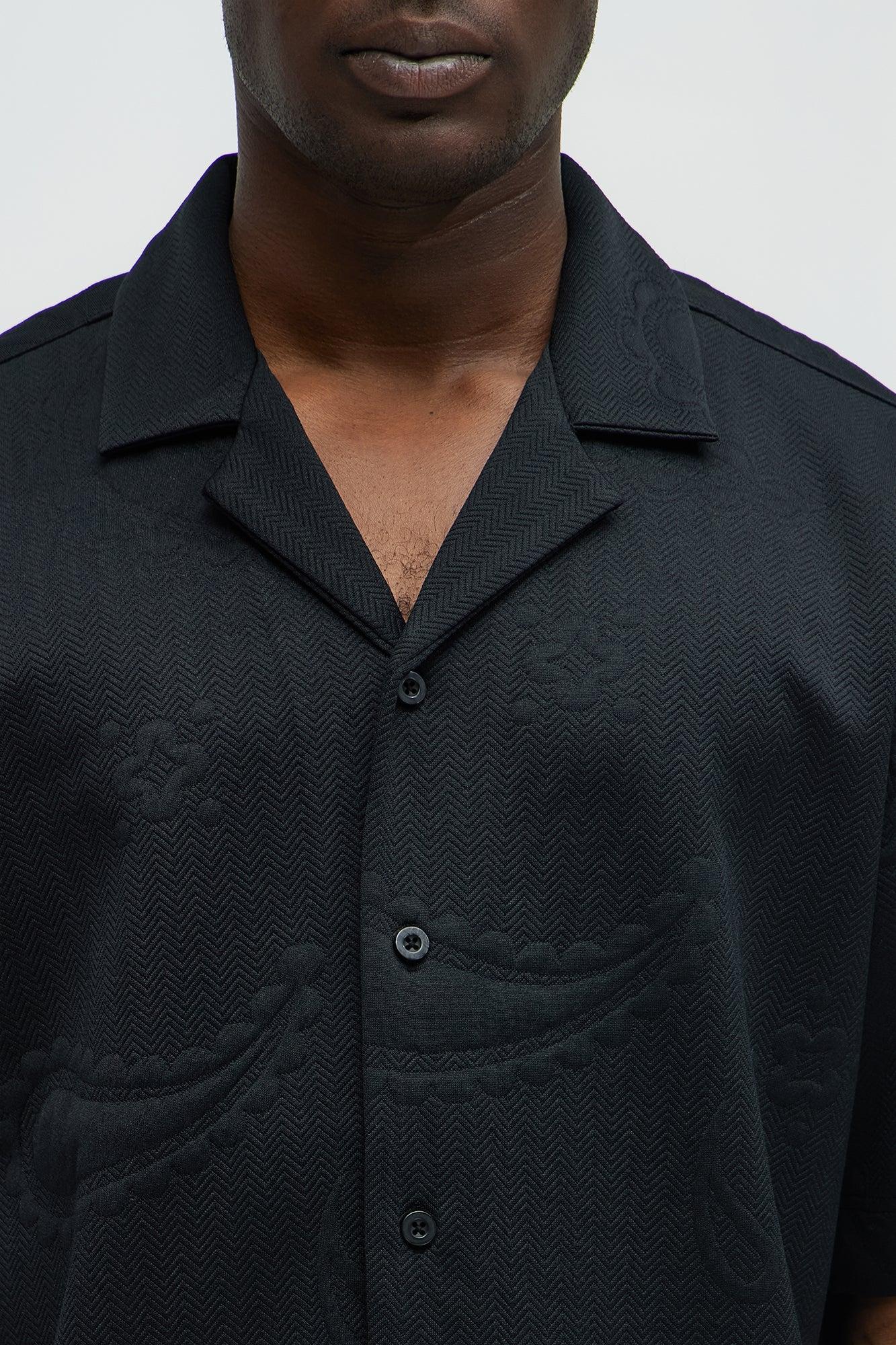 Heavyweight Textured Jacquard Knit Button Up Shirt - Black Male Product Image
