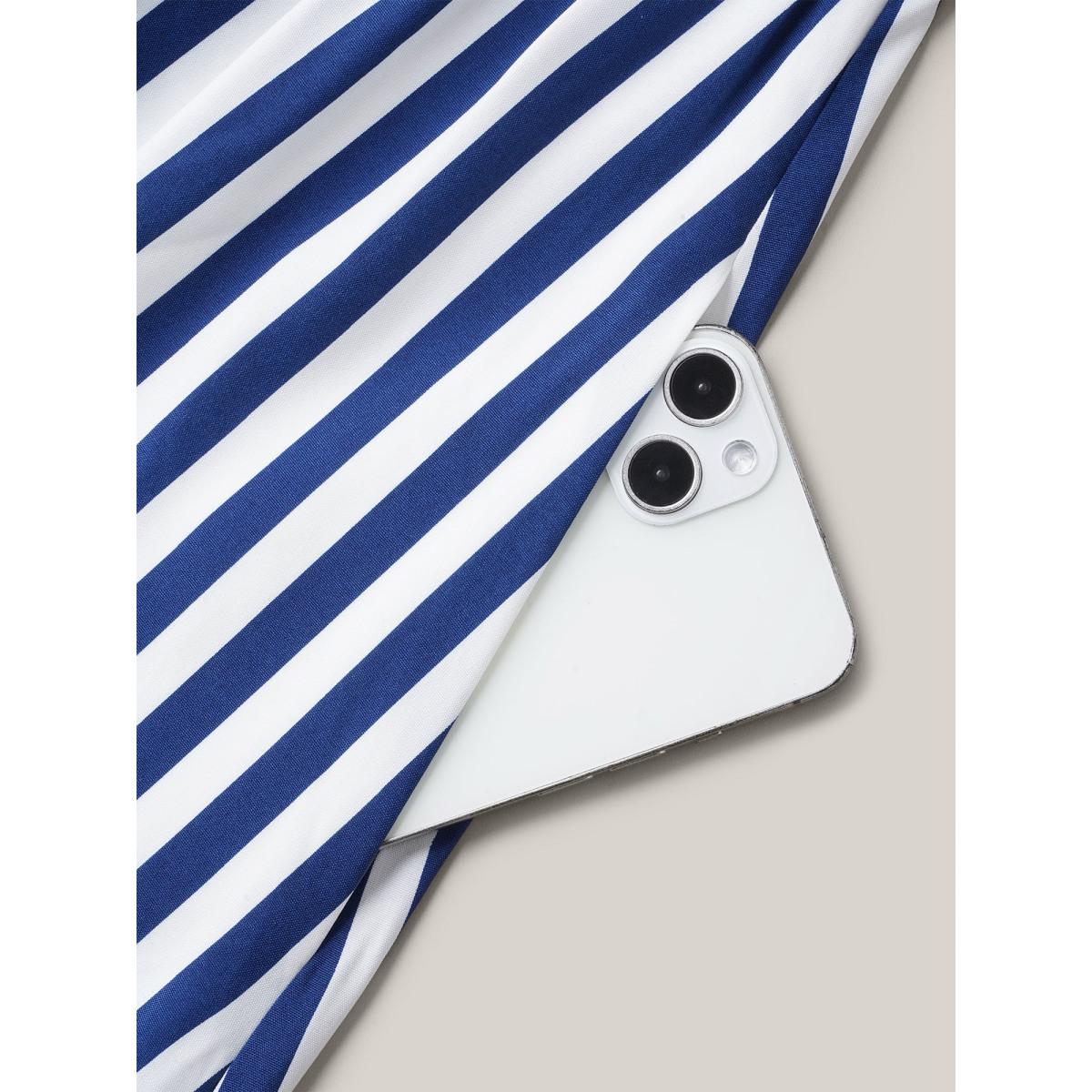 Plus Size Nautical Stripes Stretchy Waist Tiered Midi Dress Navy Women Resort Button V-neck Cap Sleeve Curvy BloomChic 22-24/3X Product Image