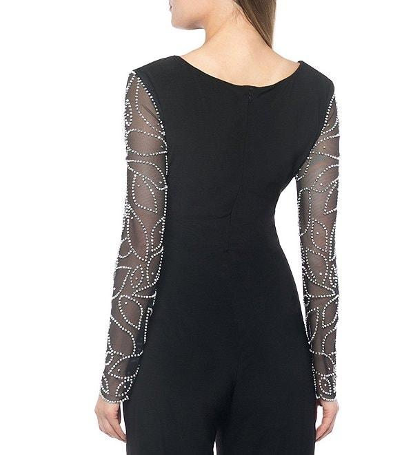 Marina Matte Jersey Sheer Beaded Long Sleeve V-Neck Knot Bodice Jumpsuit Product Image