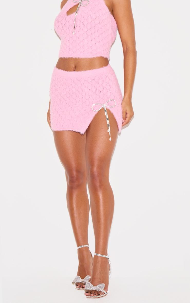 Pink Textured Eyelash Knit Bow Trim Mini Skirt Product Image