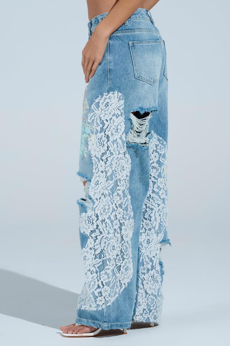 PICKING PETALS FLORAL AND LACE DETAIL DENIM PANTS Product Image