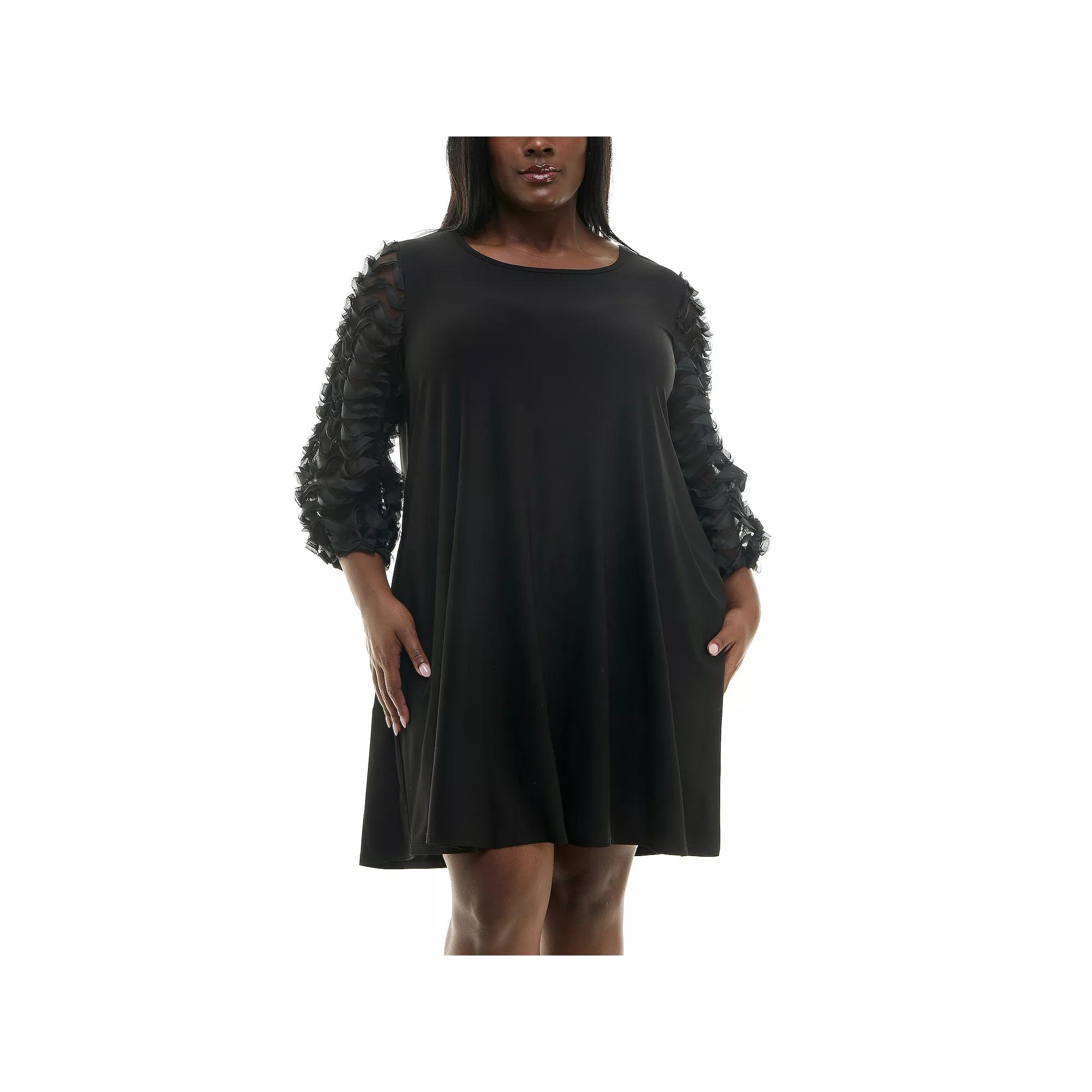 Plus Size Nina Leonard Mesh Textured Balloon Sleeve Mini Trapeze Dress, Women's, Size: 1XL, Black Product Image