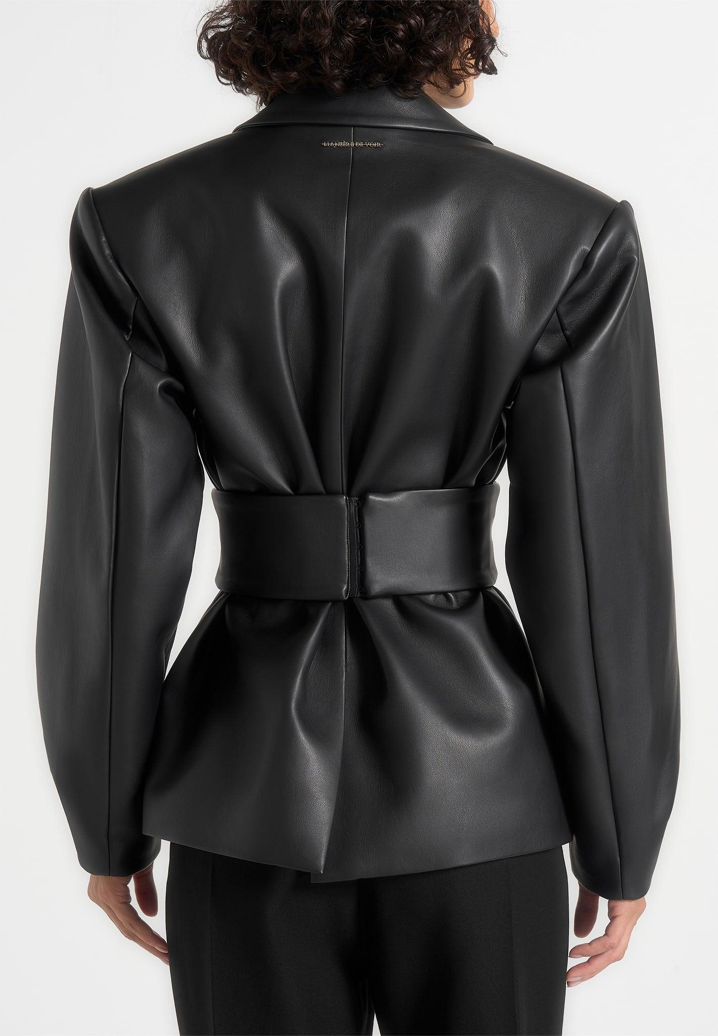 Marie - Twist Sleeve Leather Blazer with Belt - Black Female Product Image