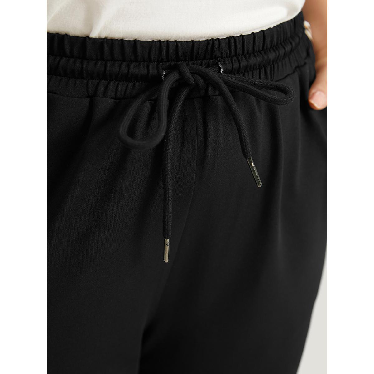 Patchwork Leopard Pocket Drawstring Elastic Waist Sweatpants Black Plus Size Women Casual Dailywear Patchwork 12/L Bloomchic Product Image