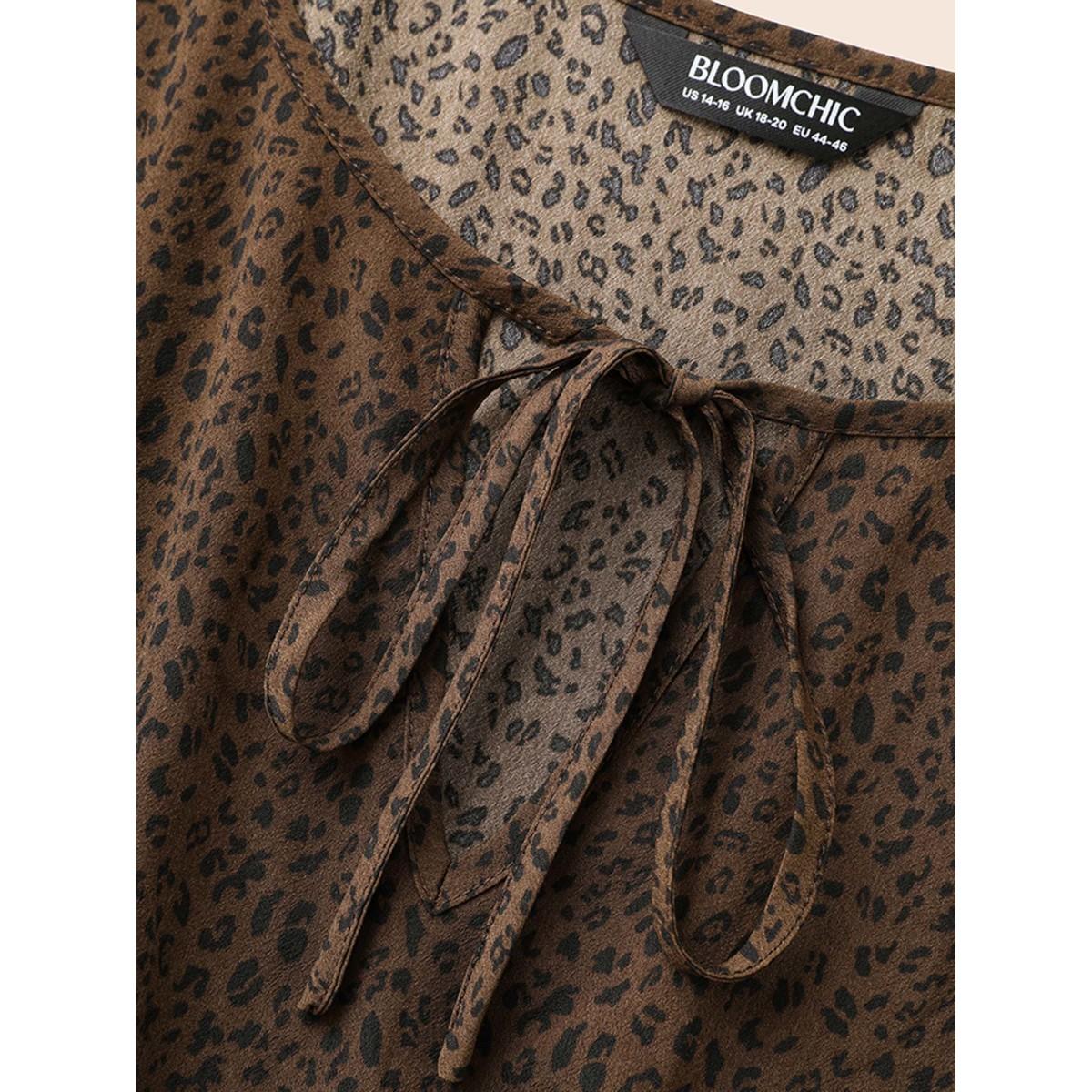 Plus Size Leopard Print Tie Knot Gathered Dress Browncoffeecolor Women At the Office Tie knot V-neck Elbow-length sleeve Curvy BloomChic 30/6X Product Image
