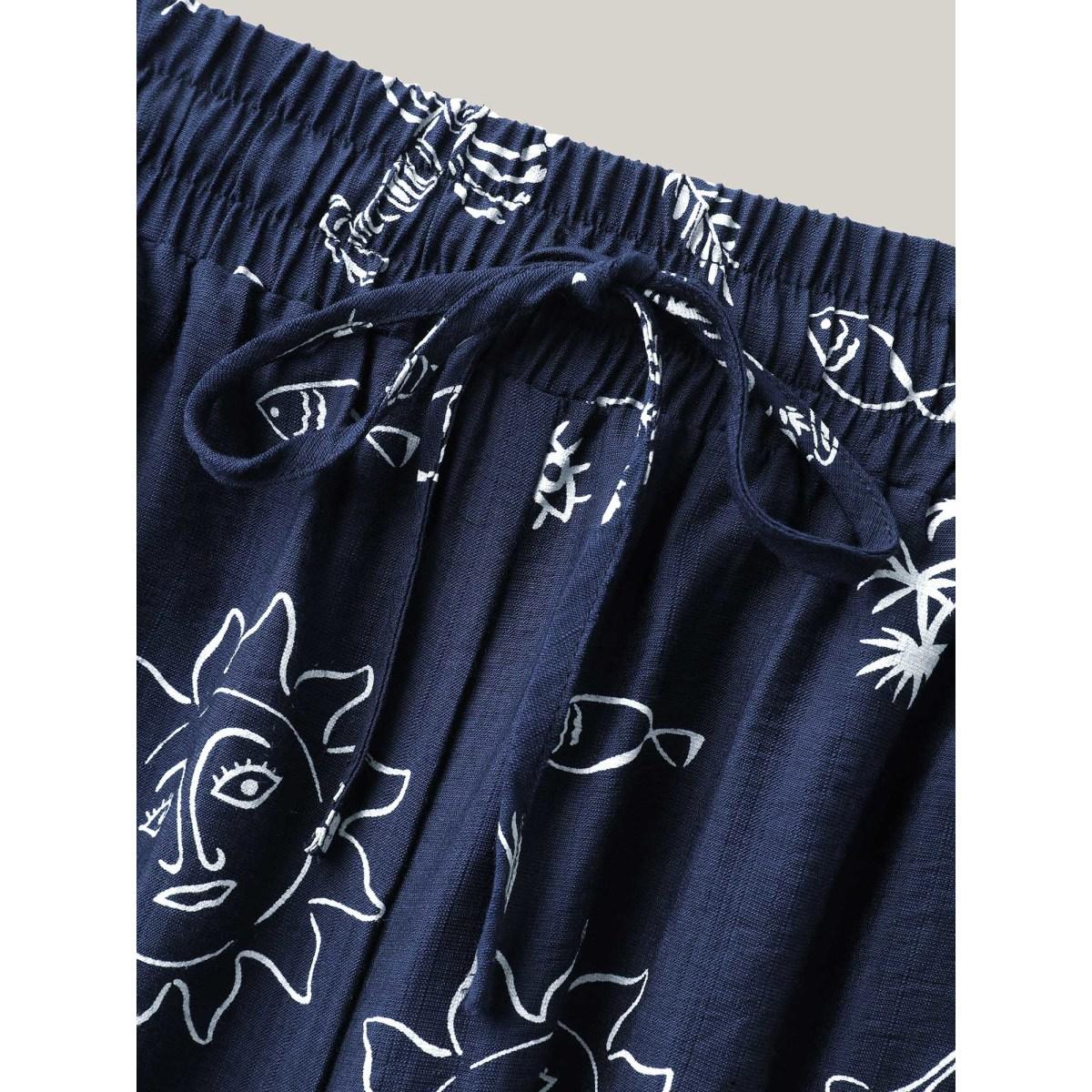 Plus Size Marine Print Flowy Wide-Leg Pants Women Indigo Resort Wide Leg Mid Rise Vacation Pants BloomChic 14-16/1X Product Image