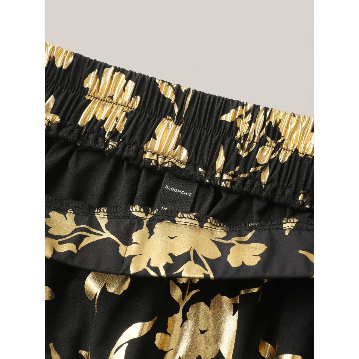 Plus Size Shimmery Floral Hot Stamping Midi Skirt Women Black Contrast Bodycon Low stretch Slanted pocket Party Skirts BloomChic 14-16/1X Product Image