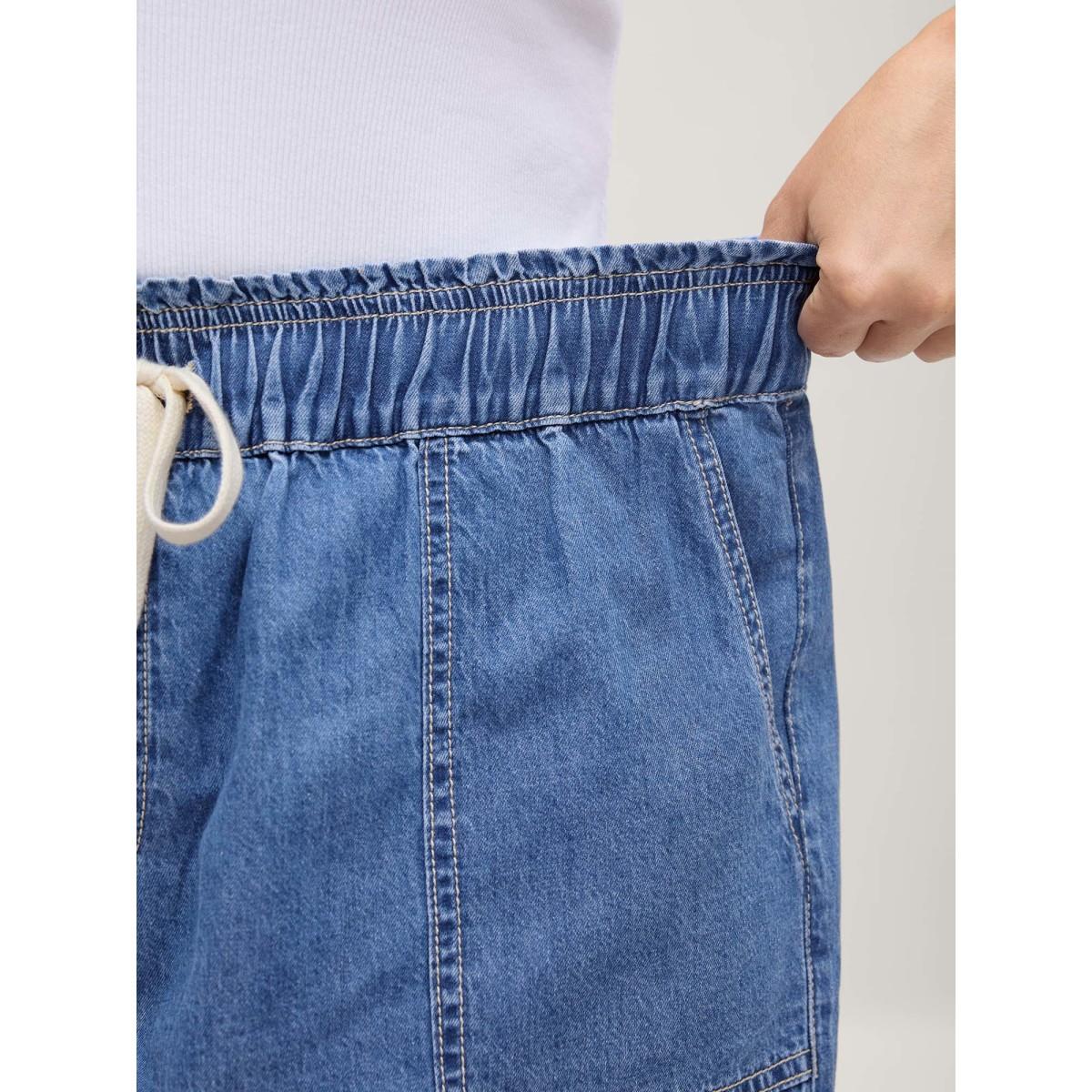 Plus Size Cotton Stretchy Waist Drawstring Classic Denim Shorts Women Midblue No stretch Casual Slanted pocket Leisure Denim Shorts BloomChic 18/2X Product Image
