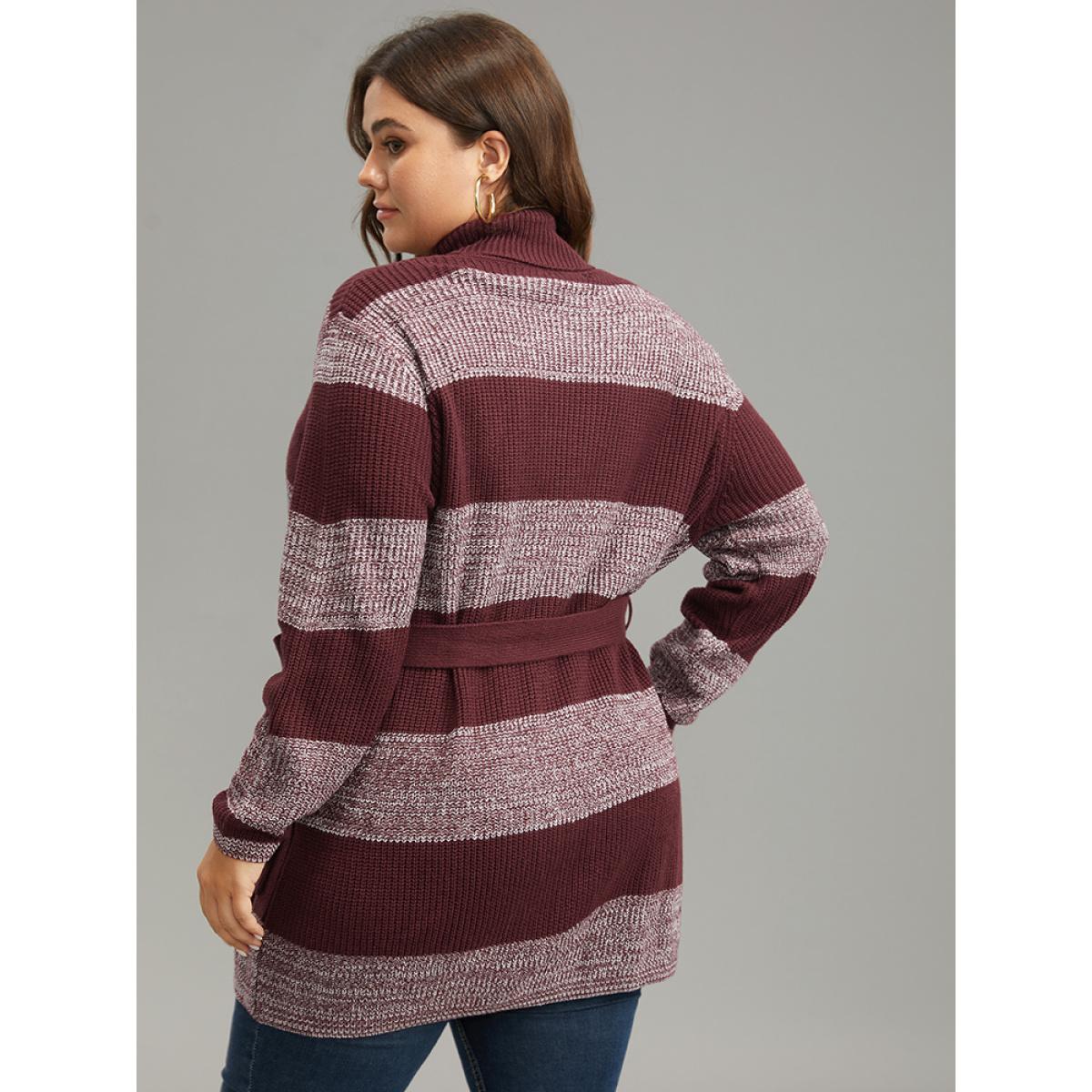 Plus Size Colorblock Heather Belted Pocket Cardigan Burgundy Women Casual Loose Long Sleeve Dailywear Cardigans BloomChic 14-16/1X Product Image