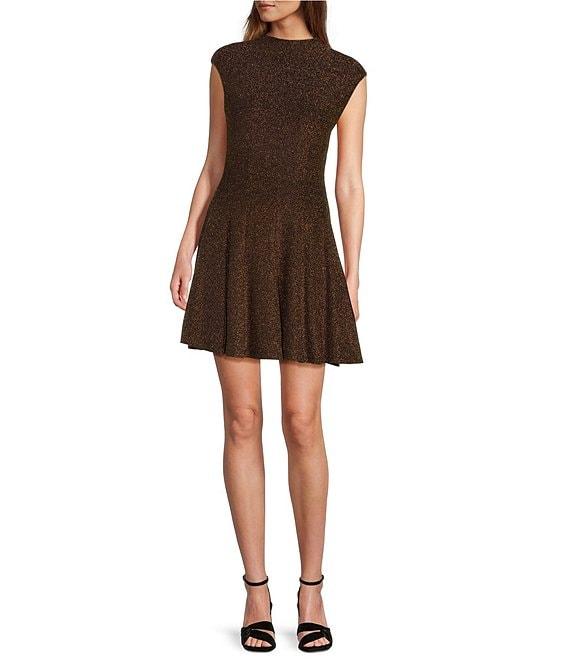 Antonio Melani JoJo Metallic Crepe Knit Mock Neck Cap Sleeve Fit and Flare Flounce Mini Dress Product Image