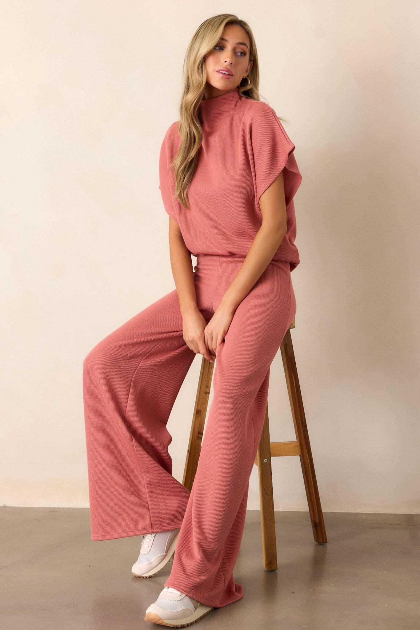 Waterfall Mist Pink Coral Knit Wide Leg Pants Product Image