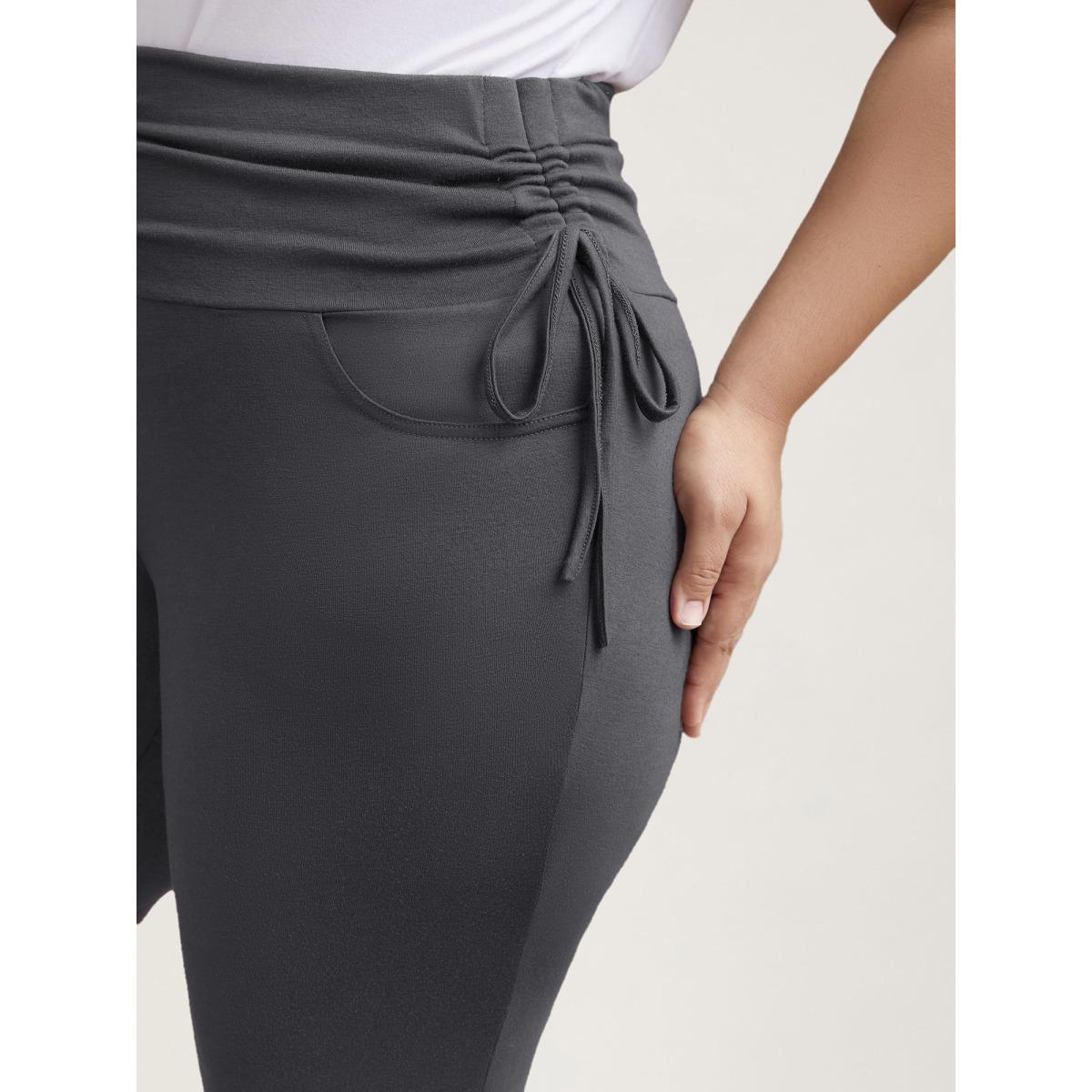 Plus Size Ruched Drawstring Midi-Waist Tight Pants Women DimGray Elegant High stretch Bootcut Mid Rise Everyday Leggings BloomChic 26/4X Product Image