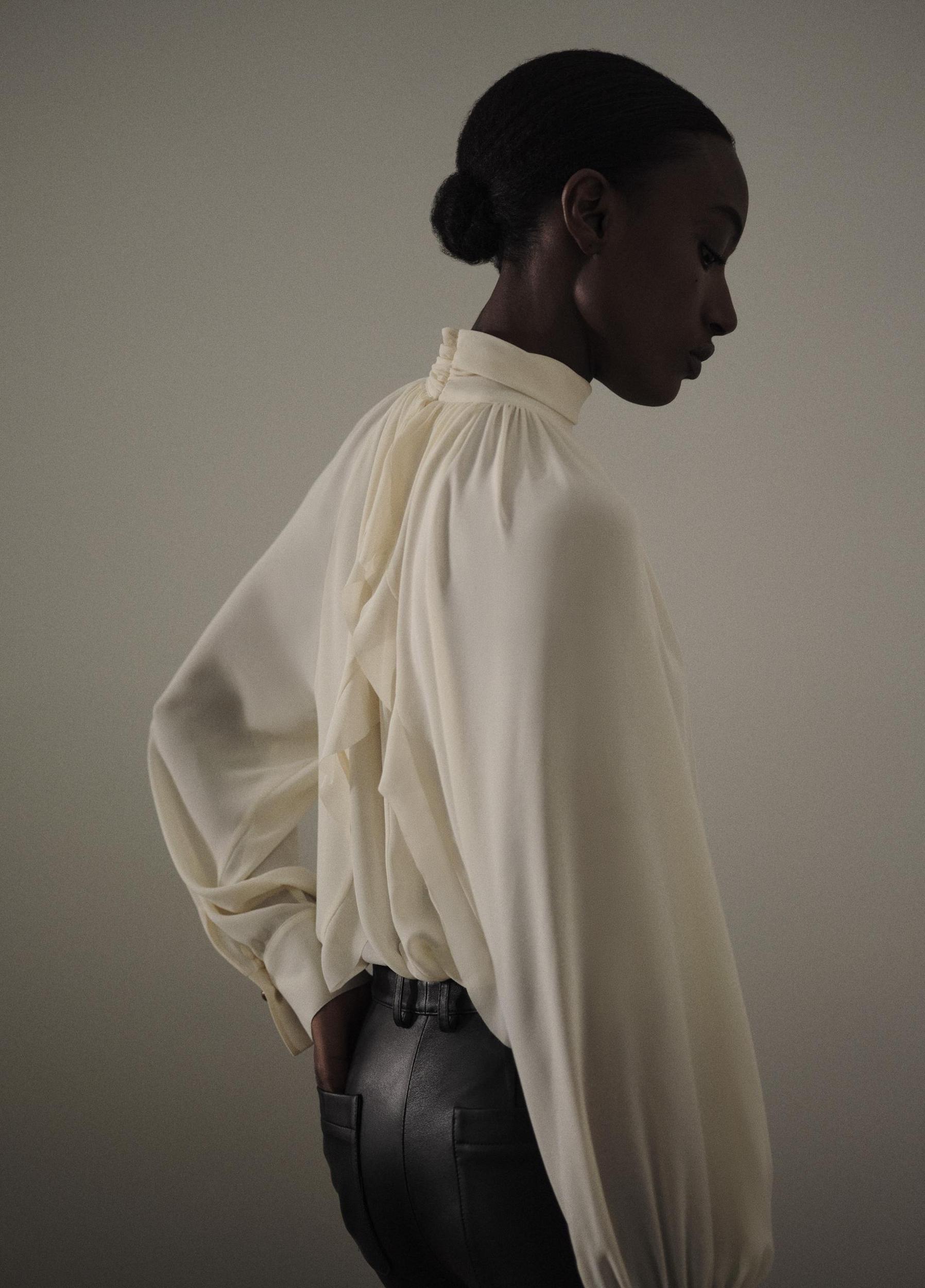 Gathered Draped-Neck Crepe Blouse Product Image