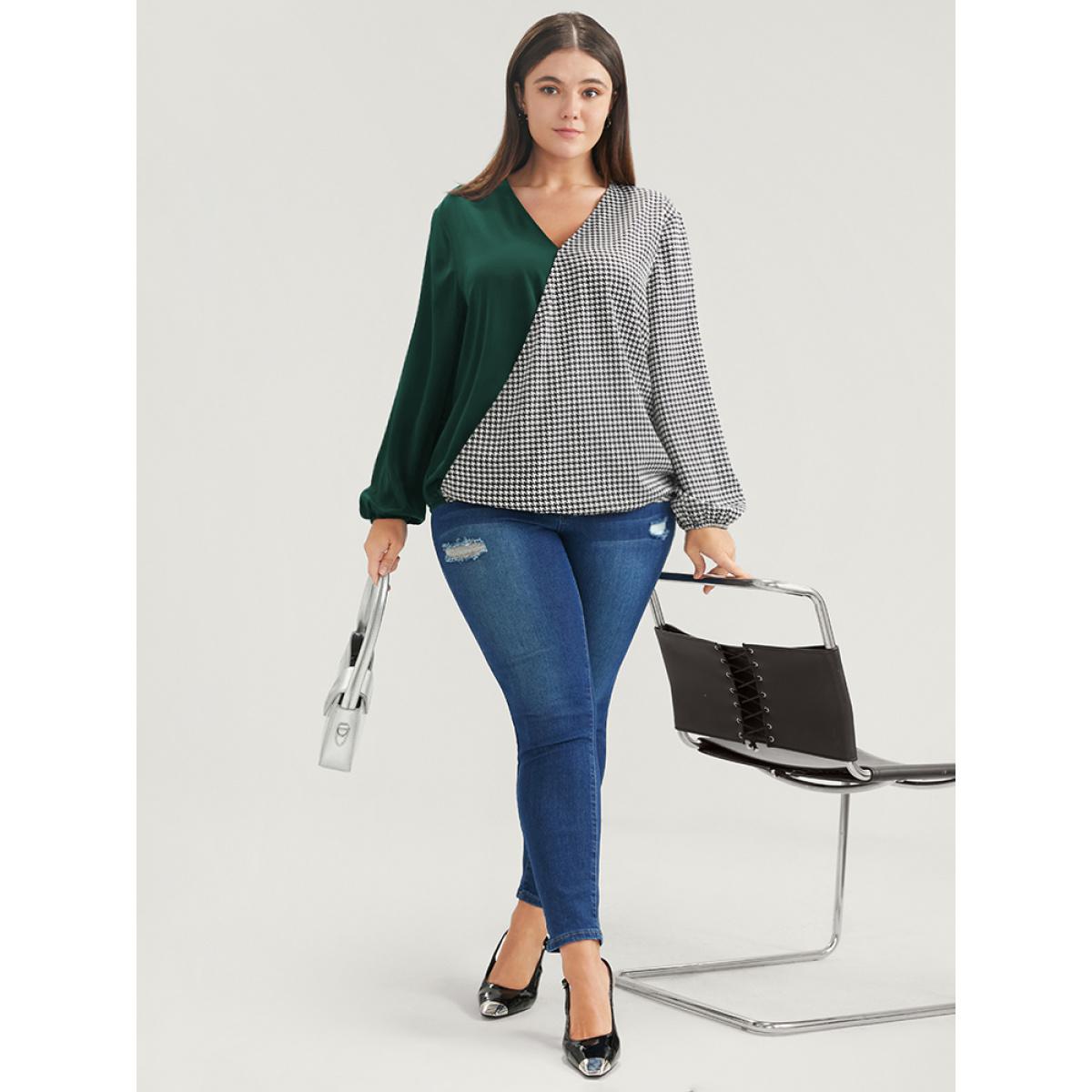 Plus Size DarkGreen Houndstooth Patchwork Lantern Sleeve Blouse Women Office Long Sleeve V-neck Work Blouses BloomChic 30/6X Product Image
