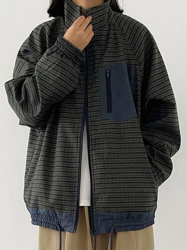 Men's Vintage Plaid Drawstring Hem Zip Up Jacket Product Image