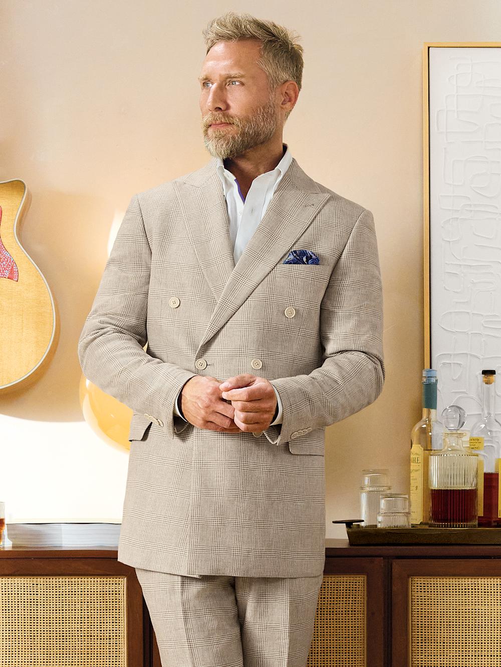 Linen Blend Plaid Double Breasted Peak Lapel Suit Jacket - Tan Product Image