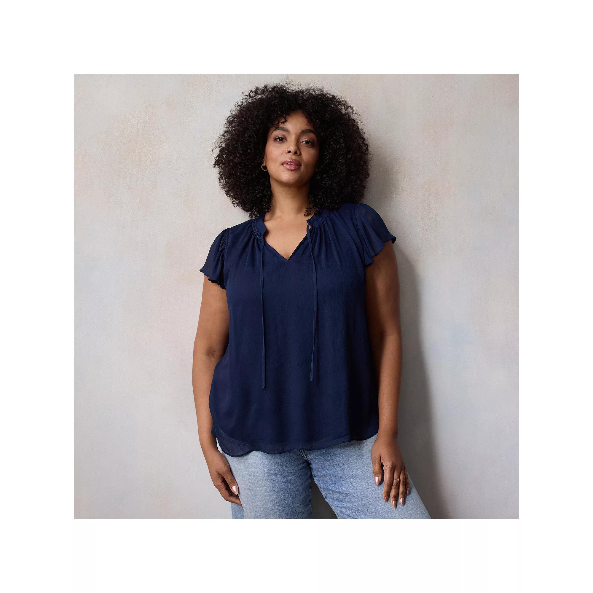 Plus Size LC Lauren Conrad Tie Front Ruffled V-Neck Shell, Women's, Size: 0X, Blue Water Product Image