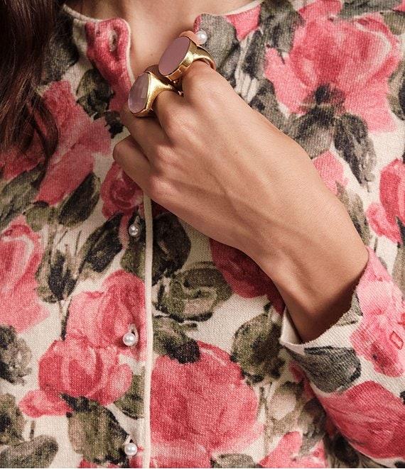 FRANCES VALENTINE Darling Pretty Peonies Crew Neck Long Sleeve Pearl Button Front Cardigan Product Image