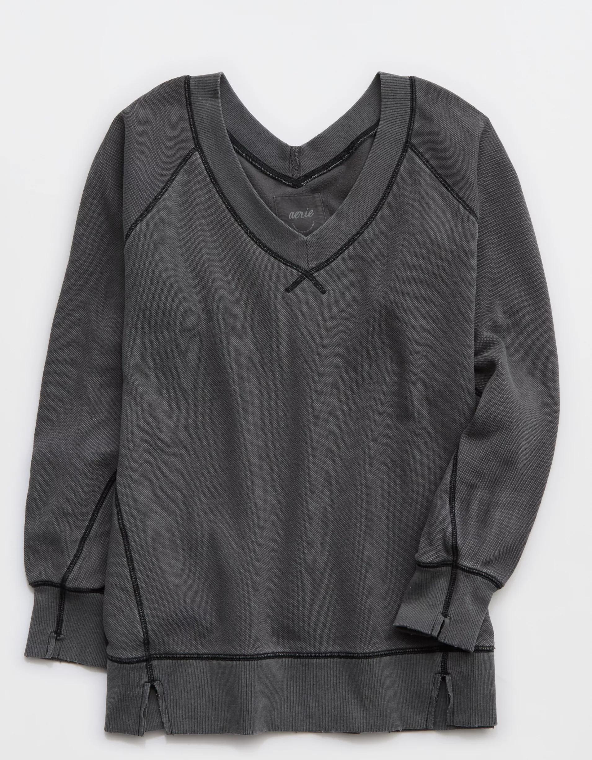 Aerie Downtime Textured V-Neck Sweatshirt Product Image