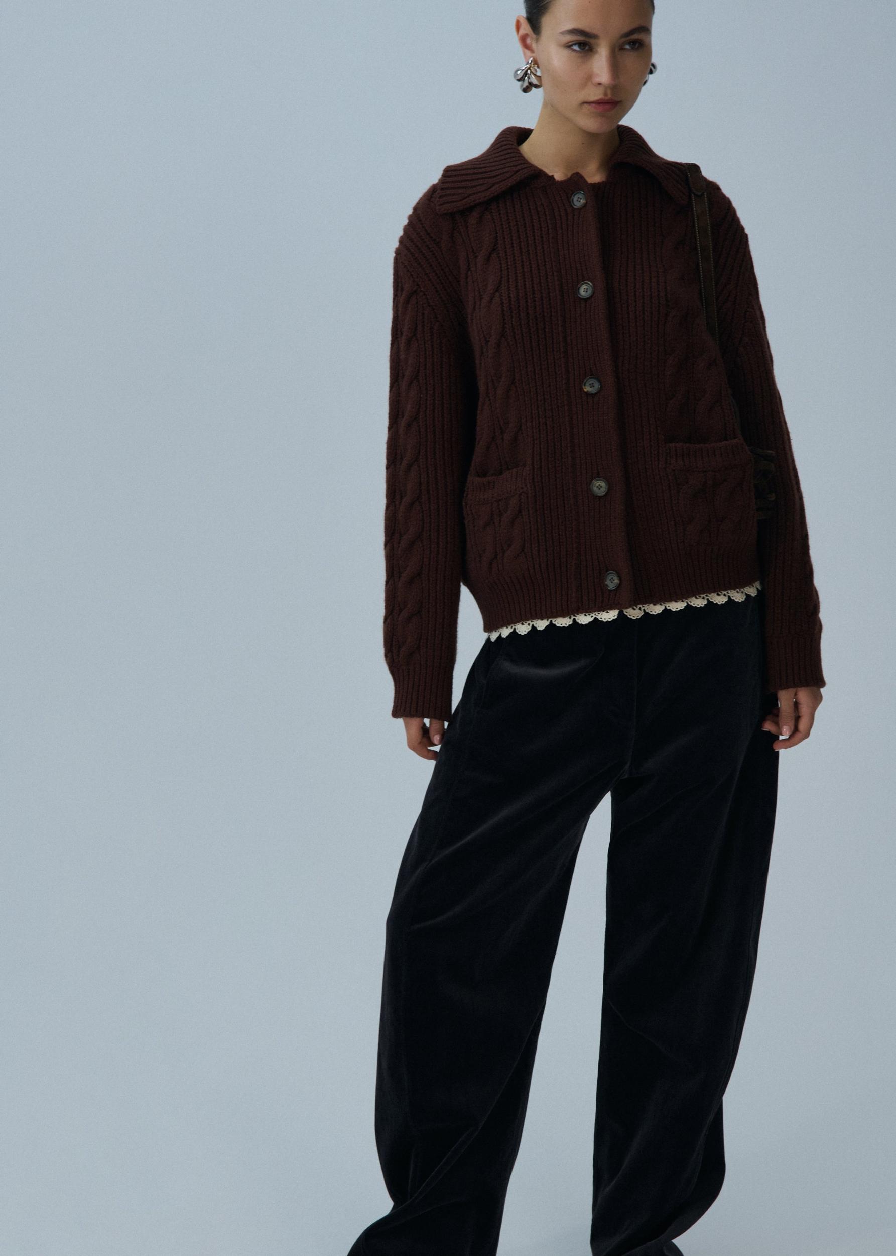 Lace-detail cable knit cardigan jacket in brown Product Image