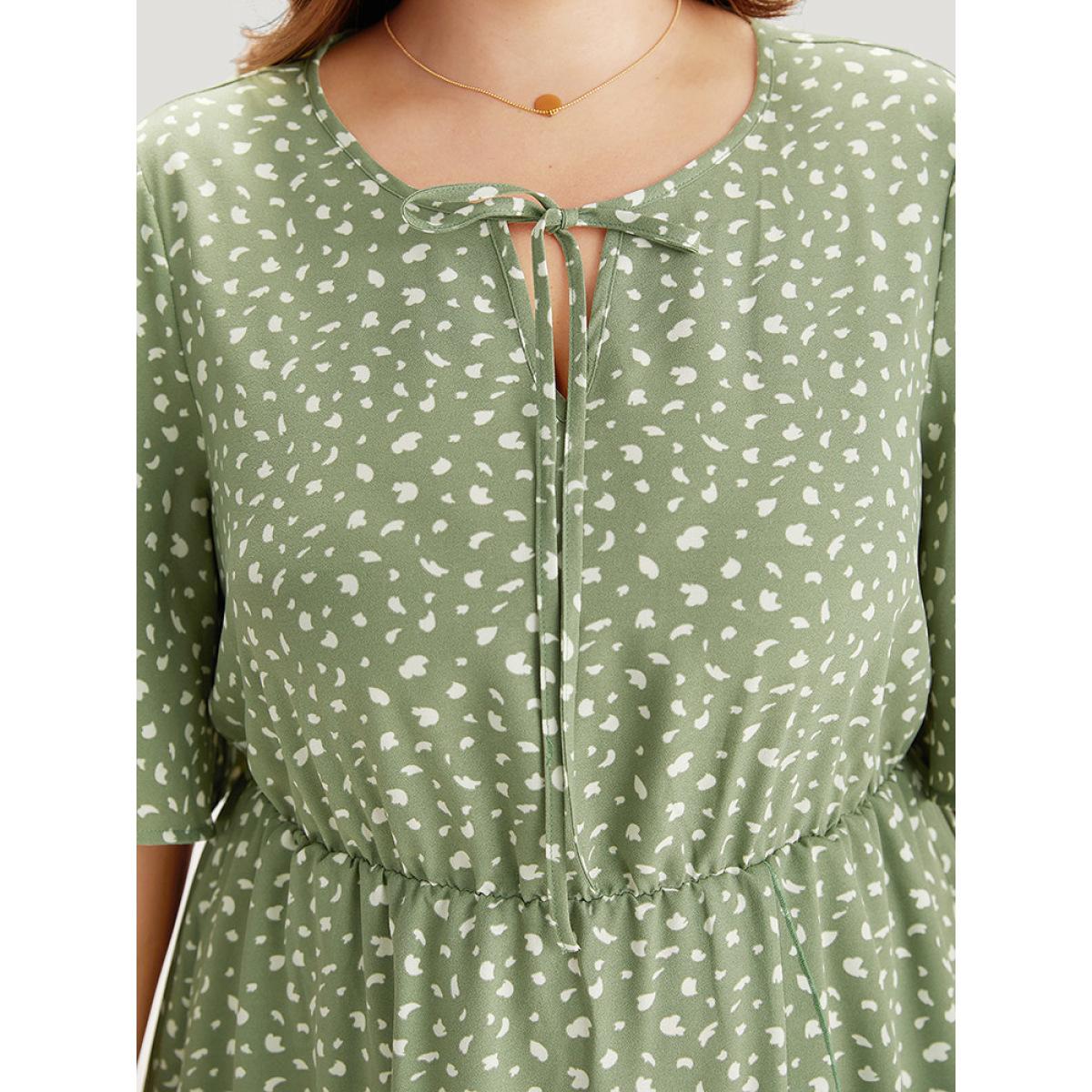 Plus Size Leopard Print Pocket Knot Neck Flutter Trim Dress Sage Women Office Cross straps Notched collar Short sleeve Curvy Midi Dress BloomChic 18-20/2X Product Image